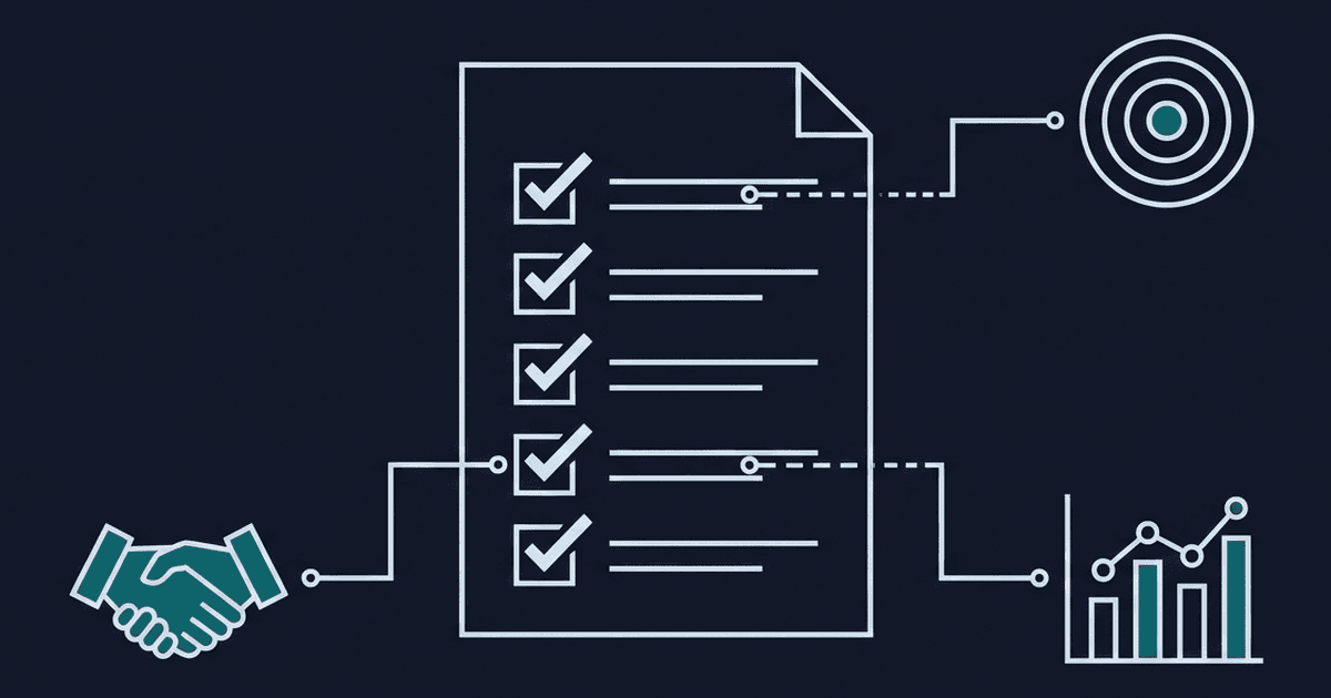 Checklist with checkmarks, target, handshake, and bar chart: sales pre-call research